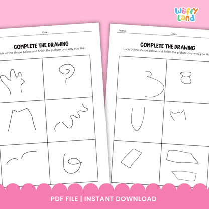 Printable “Complete the Drawing” worksheets for kids featuring unfinished lines and shapes for children to complete, including multiple prompt pages and doodle-style art supplies like crayons and pencils