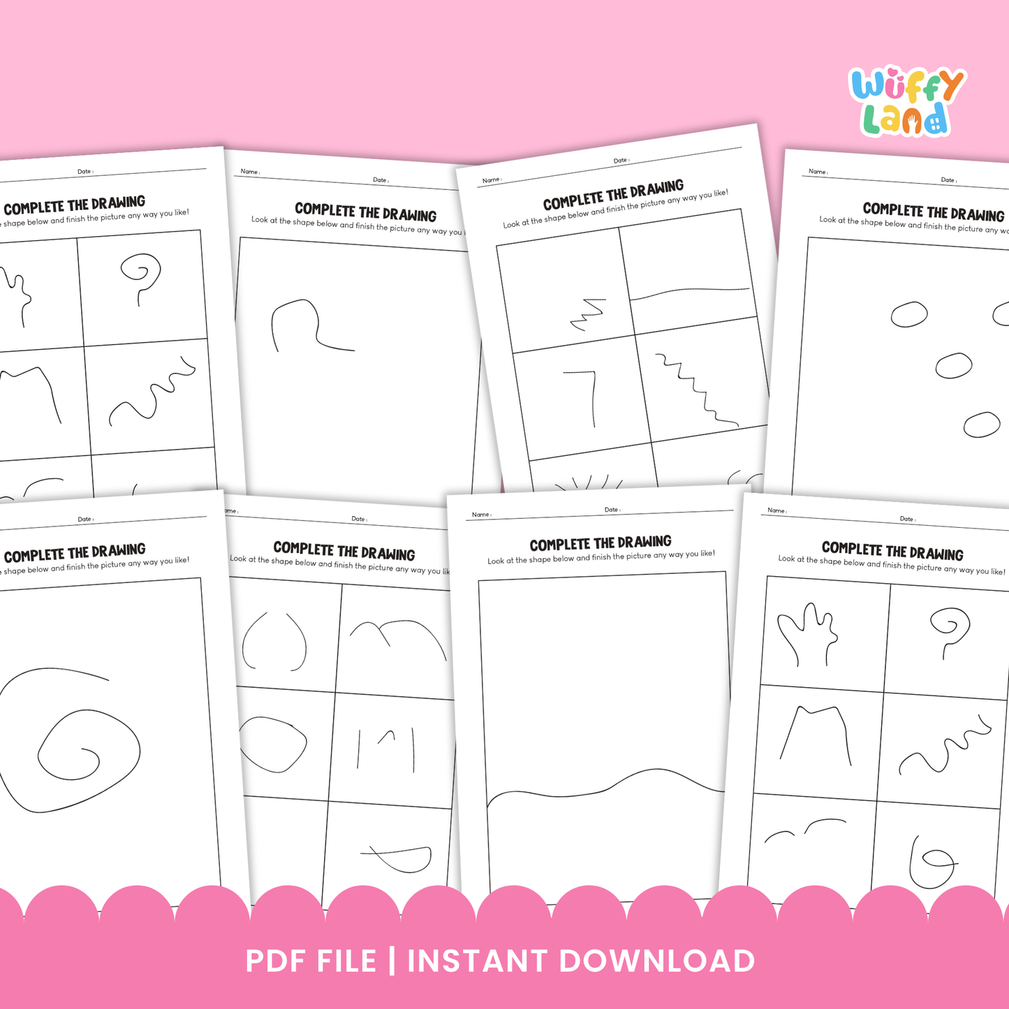 Printable “Complete the Drawing” worksheets for kids featuring unfinished lines and shapes for children to complete, including multiple prompt pages and doodle-style art supplies like crayons and pencils