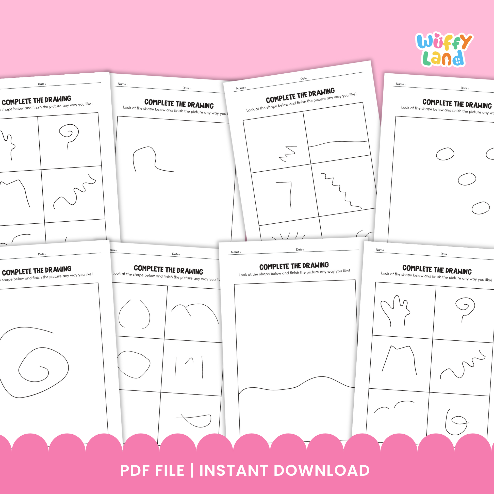 Printable “Complete the Drawing” worksheets for kids featuring unfinished lines and shapes for children to complete, including multiple prompt pages and doodle-style art supplies like crayons and pencils
