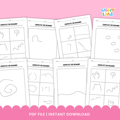 Printable “Complete the Drawing” worksheets for kids featuring unfinished lines and shapes for children to complete, including multiple prompt pages and doodle-style art supplies like crayons and pencils