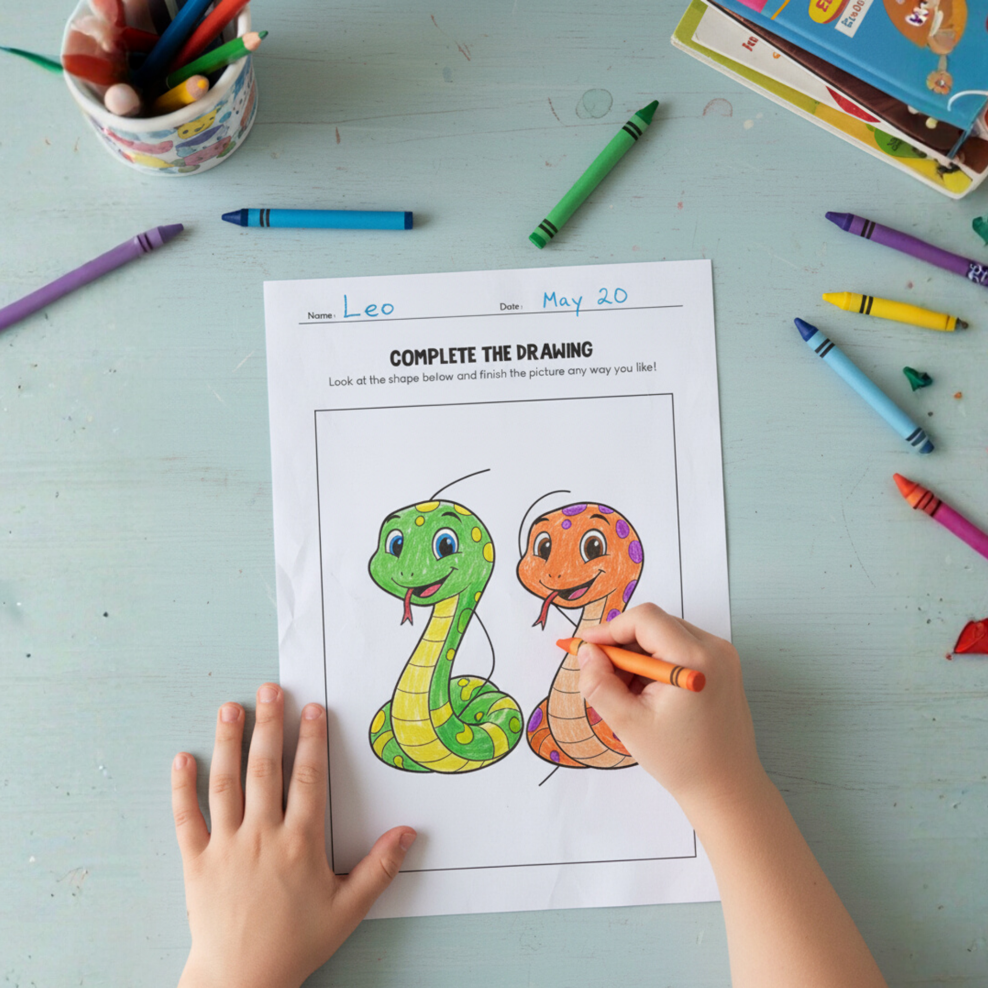 Printable “Complete the Drawing” worksheets for kids featuring unfinished lines and shapes for children to complete, including multiple prompt pages and doodle-style art supplies like crayons and pencils