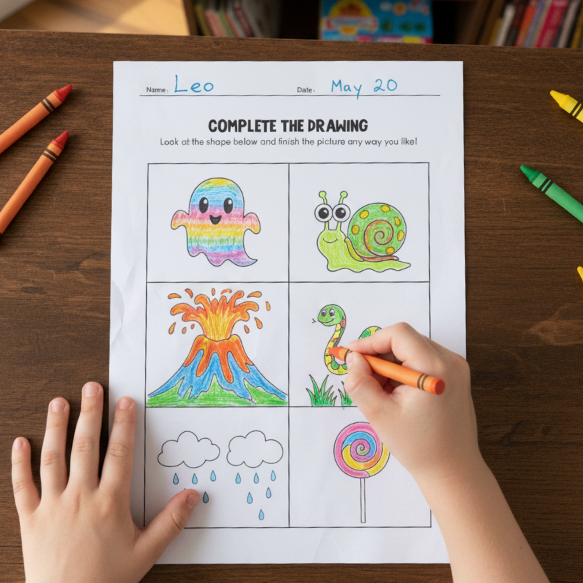 Printable “Complete the Drawing” worksheets for kids featuring unfinished lines and shapes for children to complete, including multiple prompt pages and doodle-style art supplies like crayons and pencils