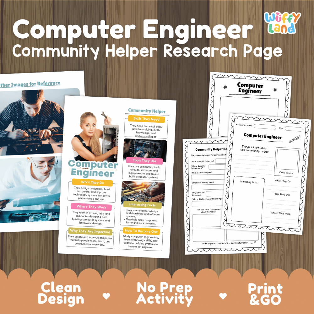 Computer engineer community helper research page writing worksheets pack featuring real photos and student activity pages for elementary social studies and STEM