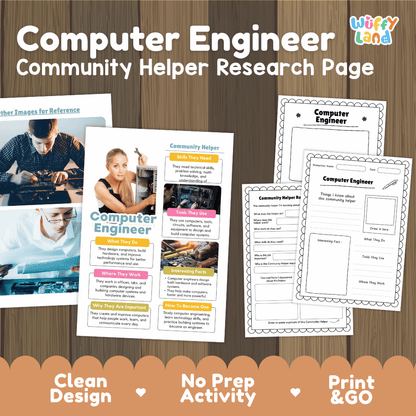 Computer engineer community helper research page writing worksheets pack featuring real photos and student activity pages for elementary social studies and STEM