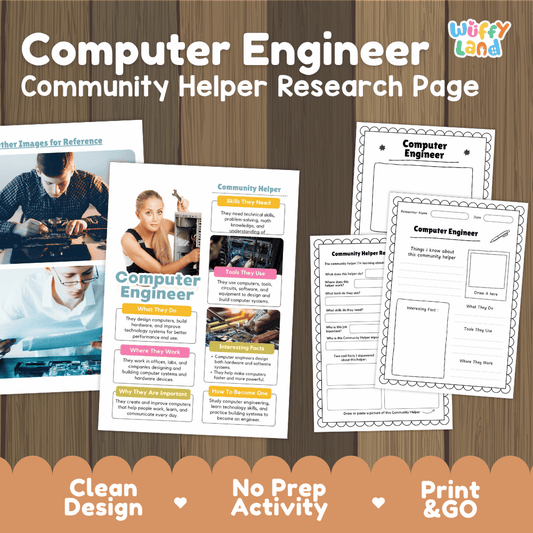 Computer engineer community helper research page writing worksheets pack featuring real photos and student activity pages for elementary social studies and STEM