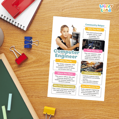 Guided student writing worksheets with lined sections for recording facts and a dedicated box for drawing or pasting a picture of a computer engineer