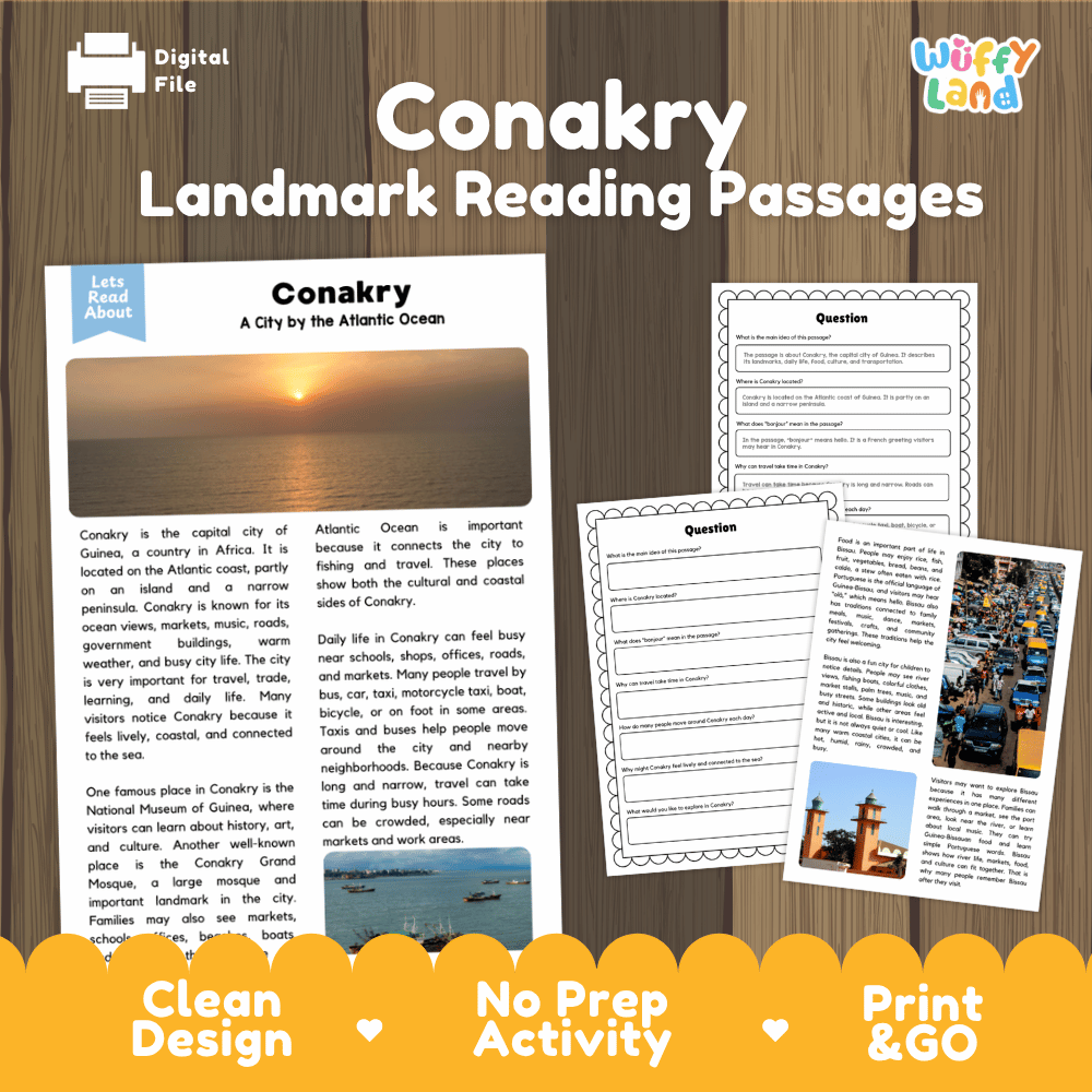 Conakry landmark reading passage and comprehension worksheet educational unit featuring nonfiction text and authentic Guinea Atlantic coast photography