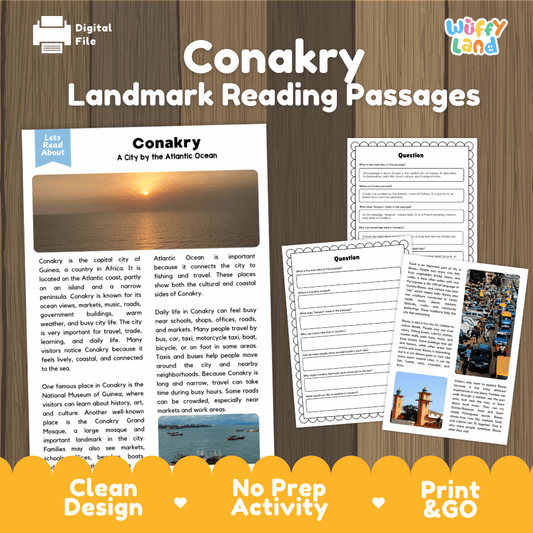 Conakry landmark reading passage and comprehension worksheet educational unit featuring nonfiction text and authentic Guinea Atlantic coast photography