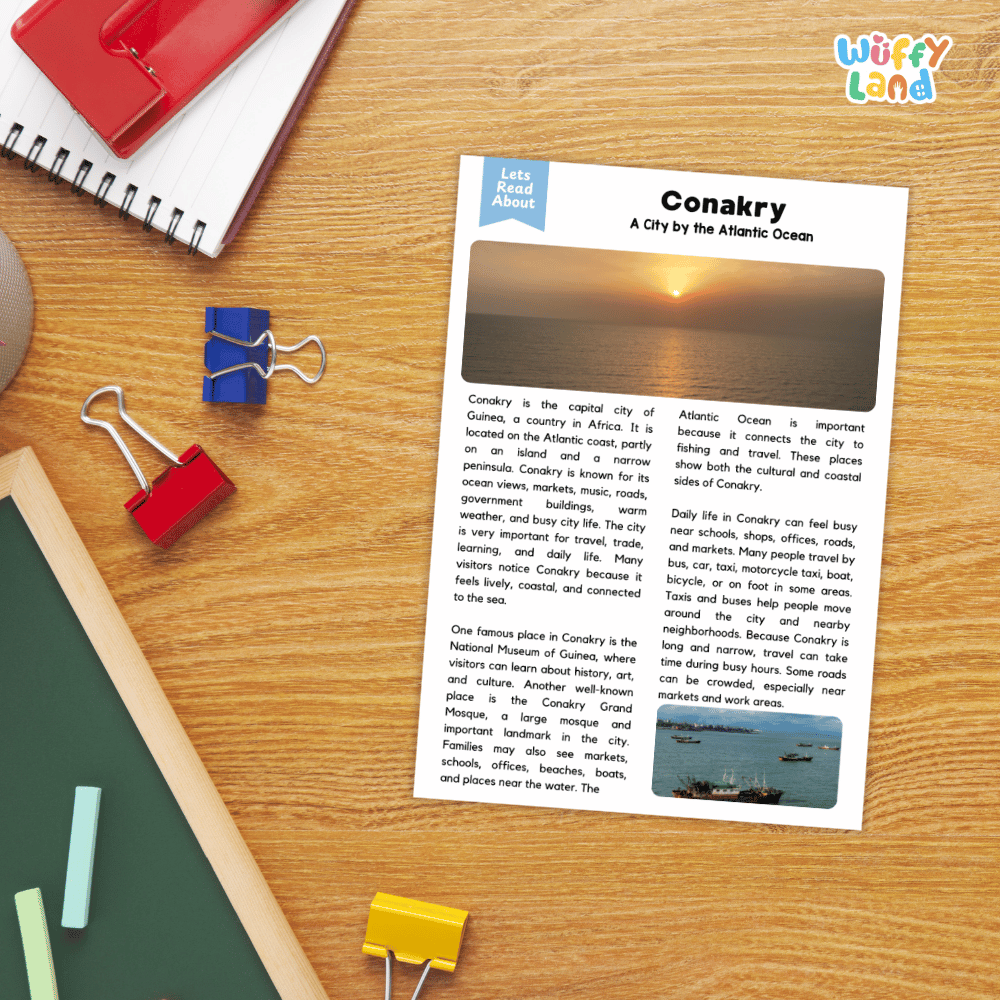 Lined reading comprehension question worksheet covering main ideas vocabulary terms and landmark facts about Conakry Guinea
