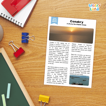 Lined reading comprehension question worksheet covering main ideas vocabulary terms and landmark facts about Conakry Guinea