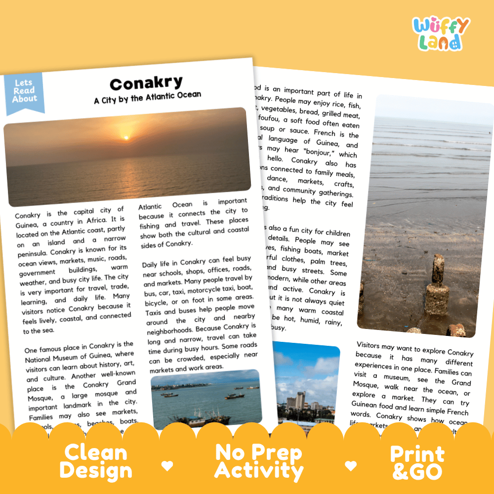 Reference sheet and answer key for Conakry landmark reading passage displaying completed comprehension answers and West African geography facts