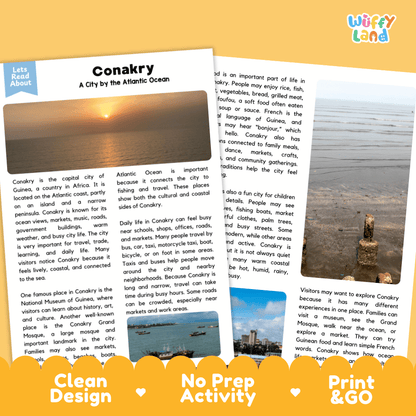 Reference sheet and answer key for Conakry landmark reading passage displaying completed comprehension answers and West African geography facts