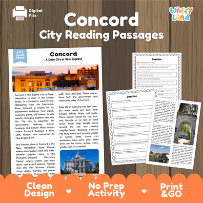 Concord city reading passages and comprehension worksheet educational unit featuring nonfiction text and authentic Concord New Hampshire capitol and city photography