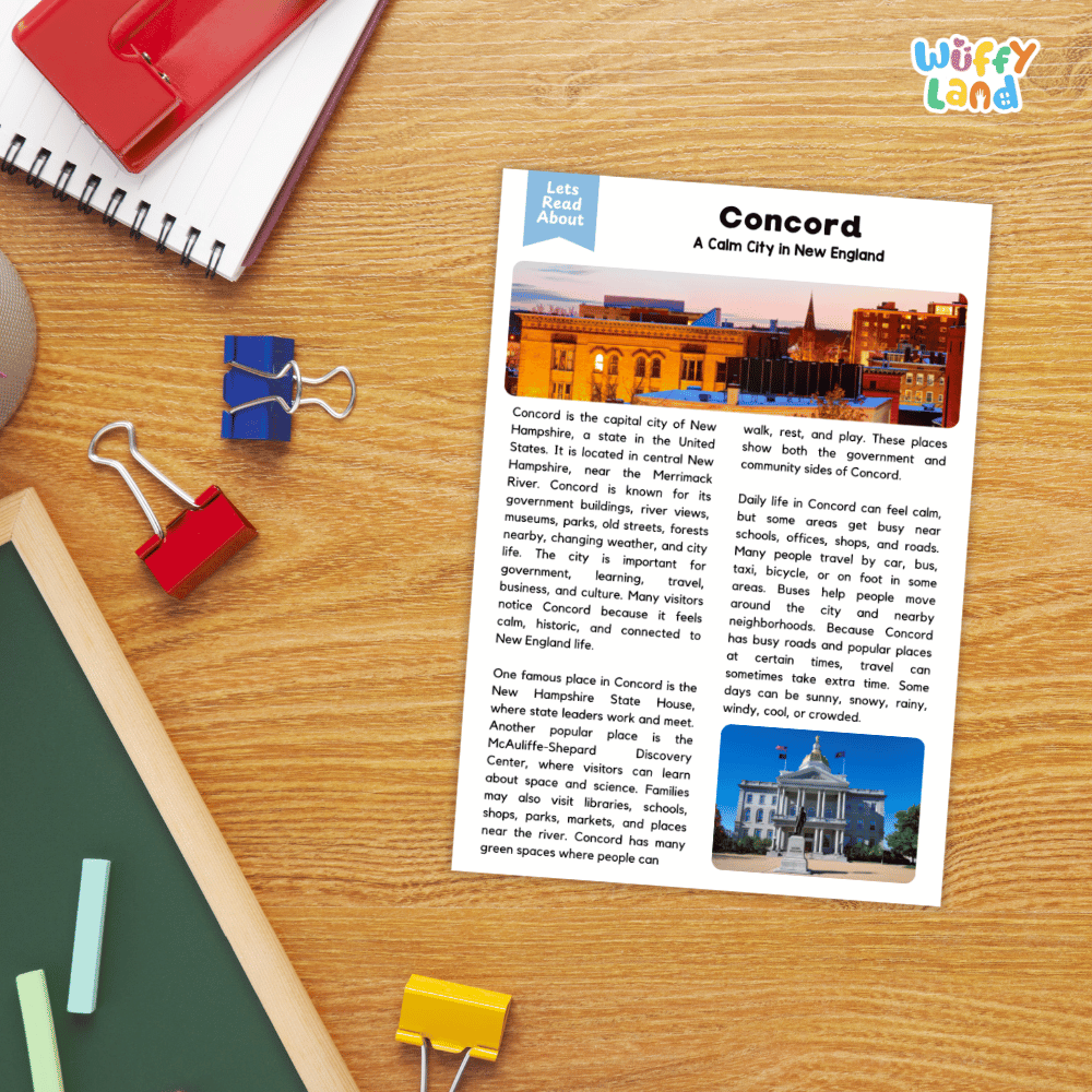 Lined reading comprehension question worksheet covering main ideas vocabulary terms and landmark facts about Concord New Hampshire
