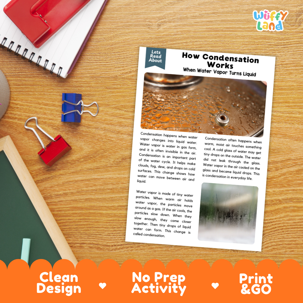 Printable student worksheet with short-answer reading comprehension questions covering condensation and the water cycle