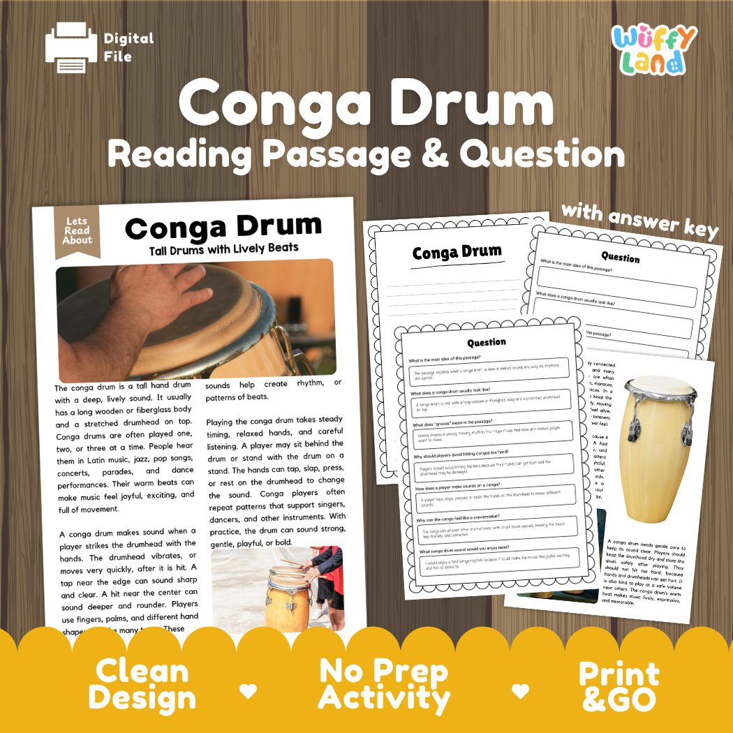 Conga Drum reading comprehension passage and questions printable activity pack with answer key for elementary students