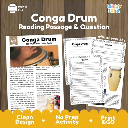 Conga Drum reading comprehension passage and questions printable activity pack with answer key for elementary students