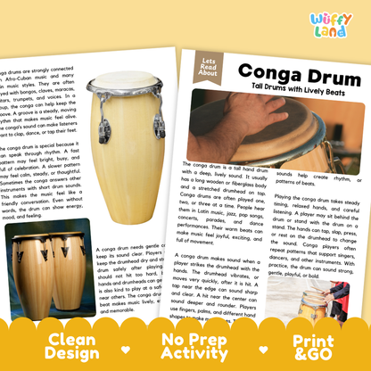 Teacher answer key page showing complete question solutions for Conga Drum music education reading comprehension practice