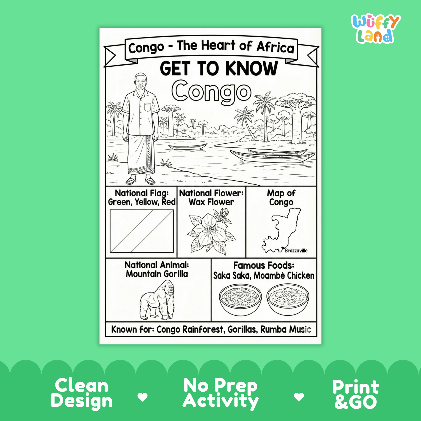 Congo Republic Country Study Geography Coloring Page Worksheet Activity | Africa
