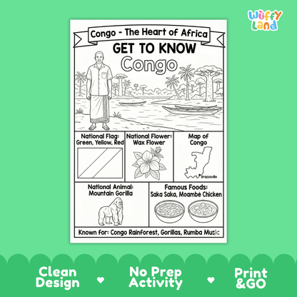 Congo Republic Country Study Geography Coloring Page Worksheet Activity | Africa