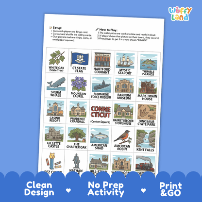 Connecticut Geography BINGO Game Constitution State Activity Printable Boards