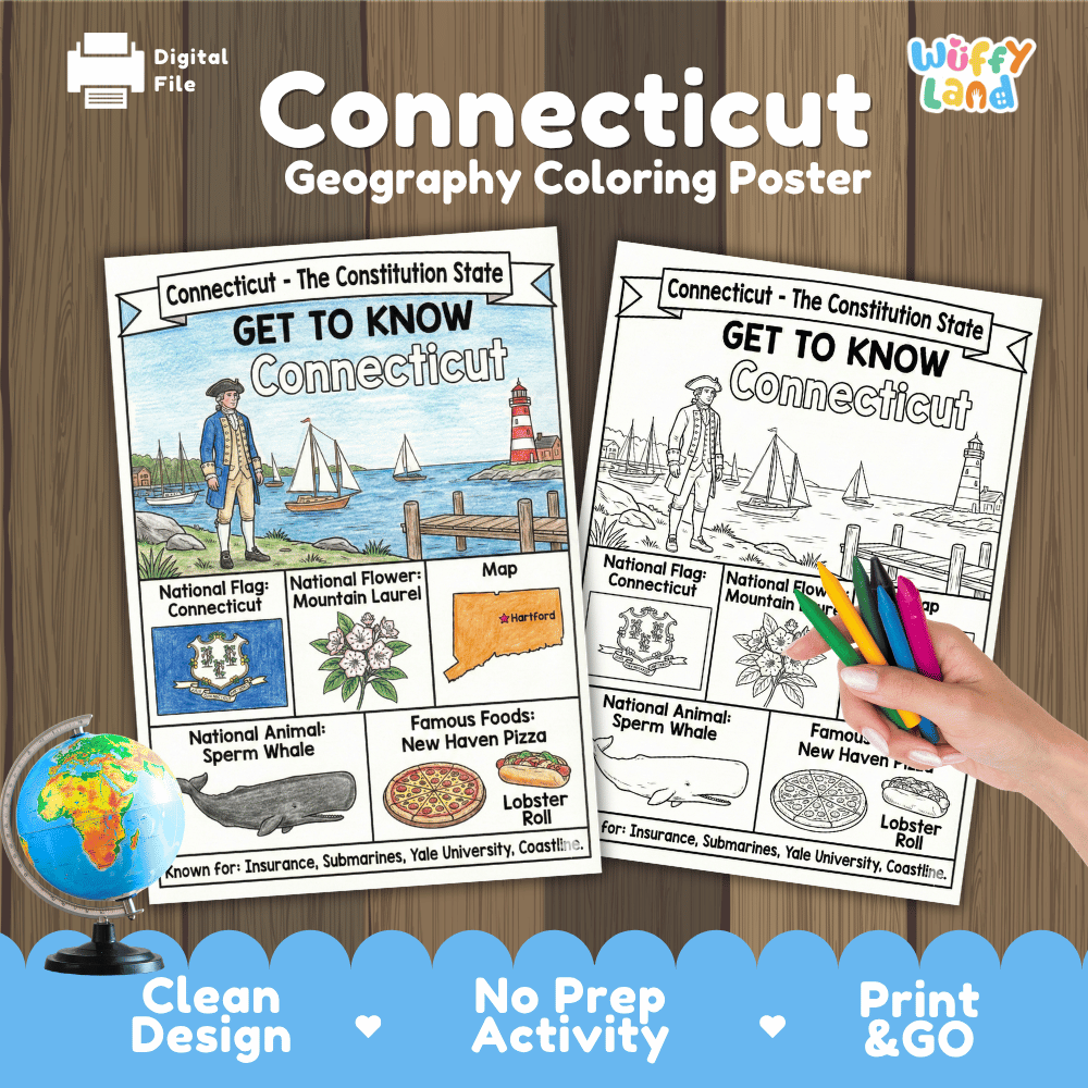 Connecticut Geography Coloring Poster Worksheets