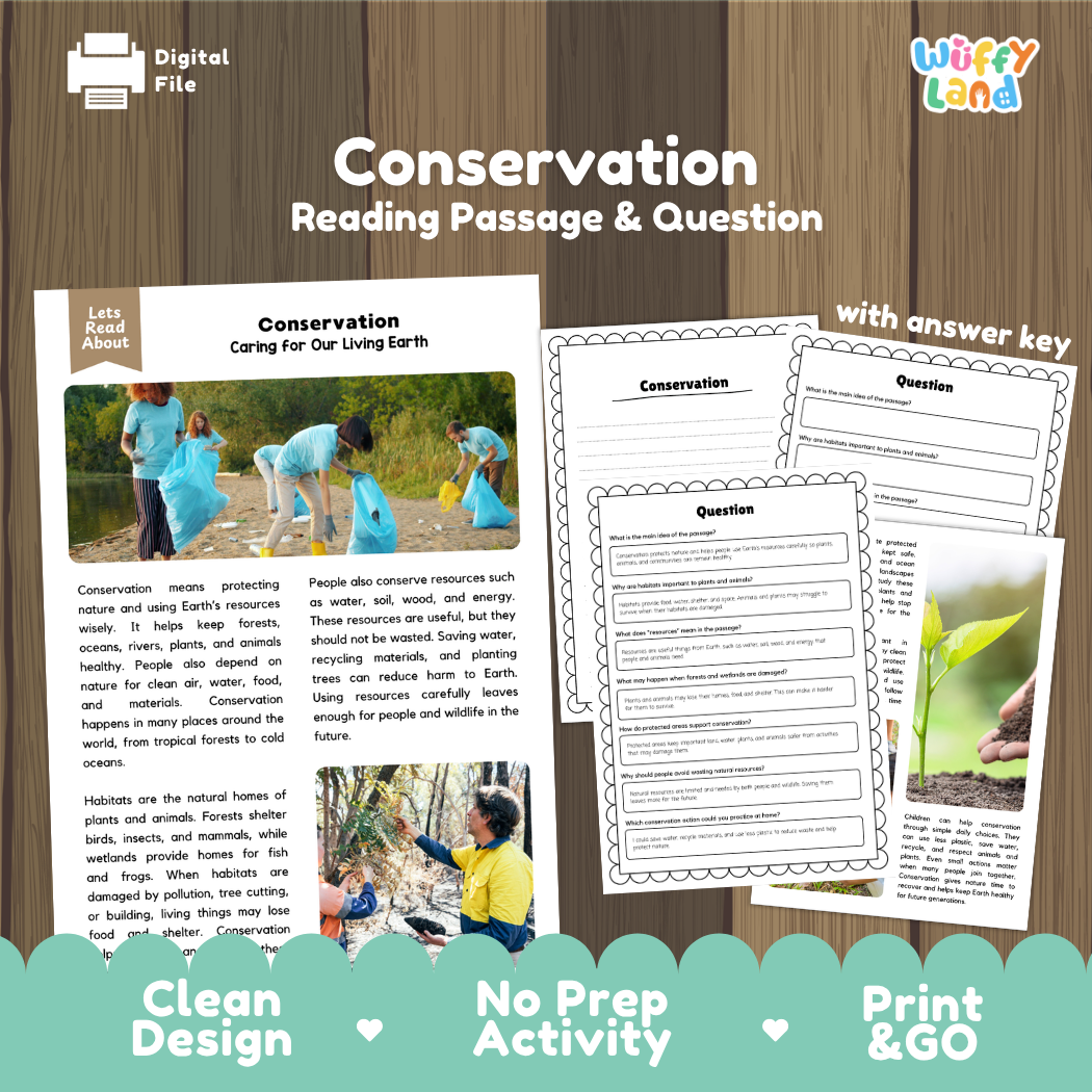 Conservation reading comprehension passage and questions printable activity pack with answer key for elementary students
