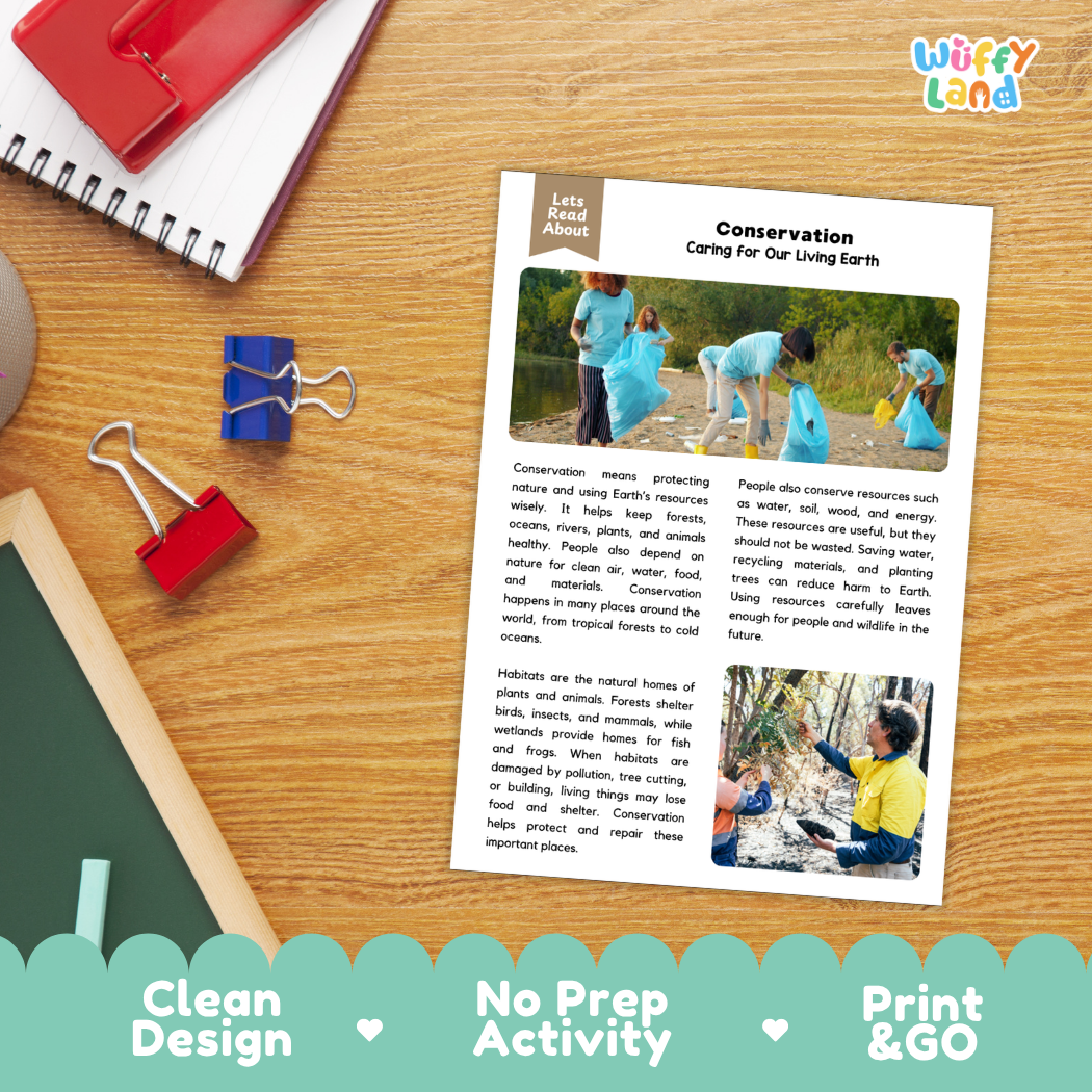 Student reading comprehension worksheet with short-answer questions and lined sections about environmental conservation