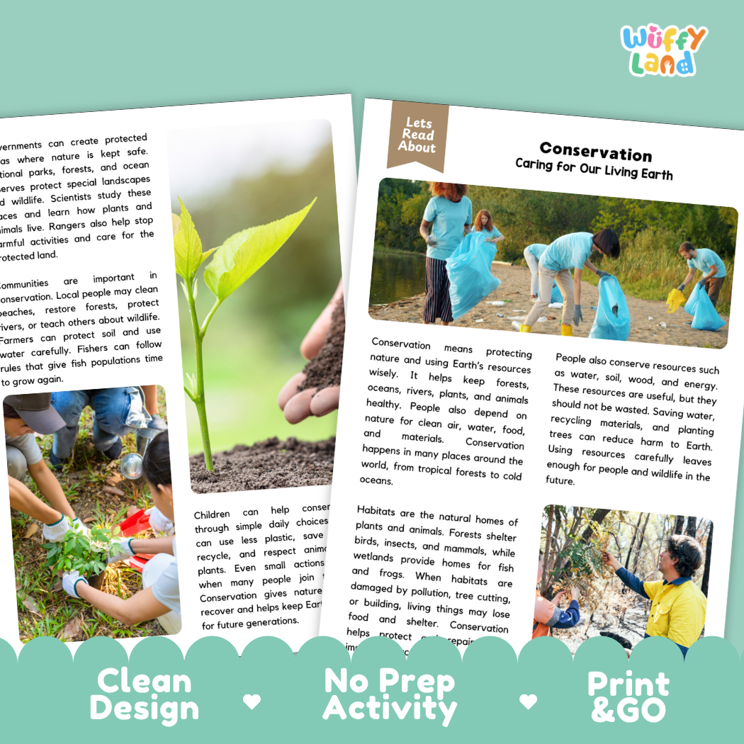 Teacher answer key page showing complete question solutions for Conservation environmental science reading comprehension practice