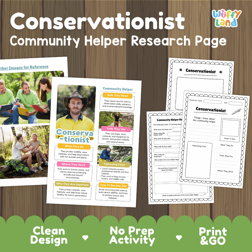 Conservationist community helper research page writing worksheets pack featuring real photos and student activity pages for elementary social studies and science