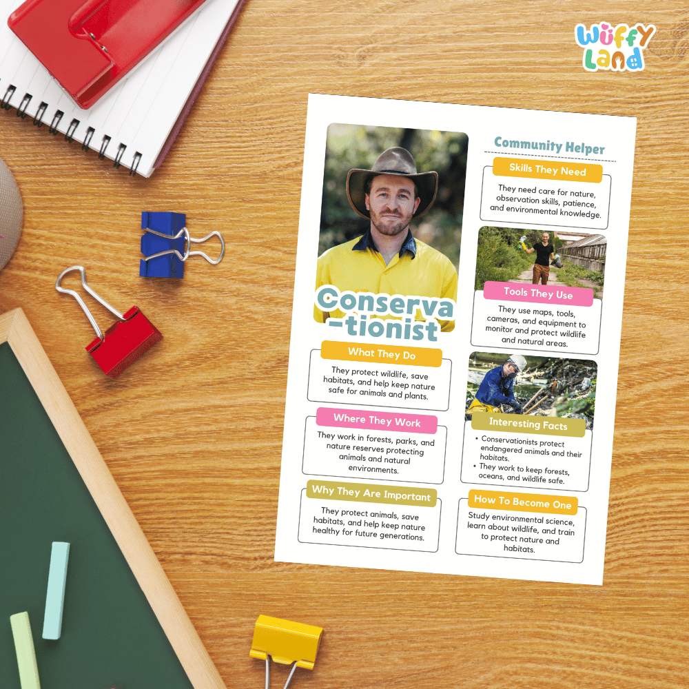 Guided student writing worksheets with lined sections for recording facts and a dedicated box for drawing or pasting a picture of a conservationist