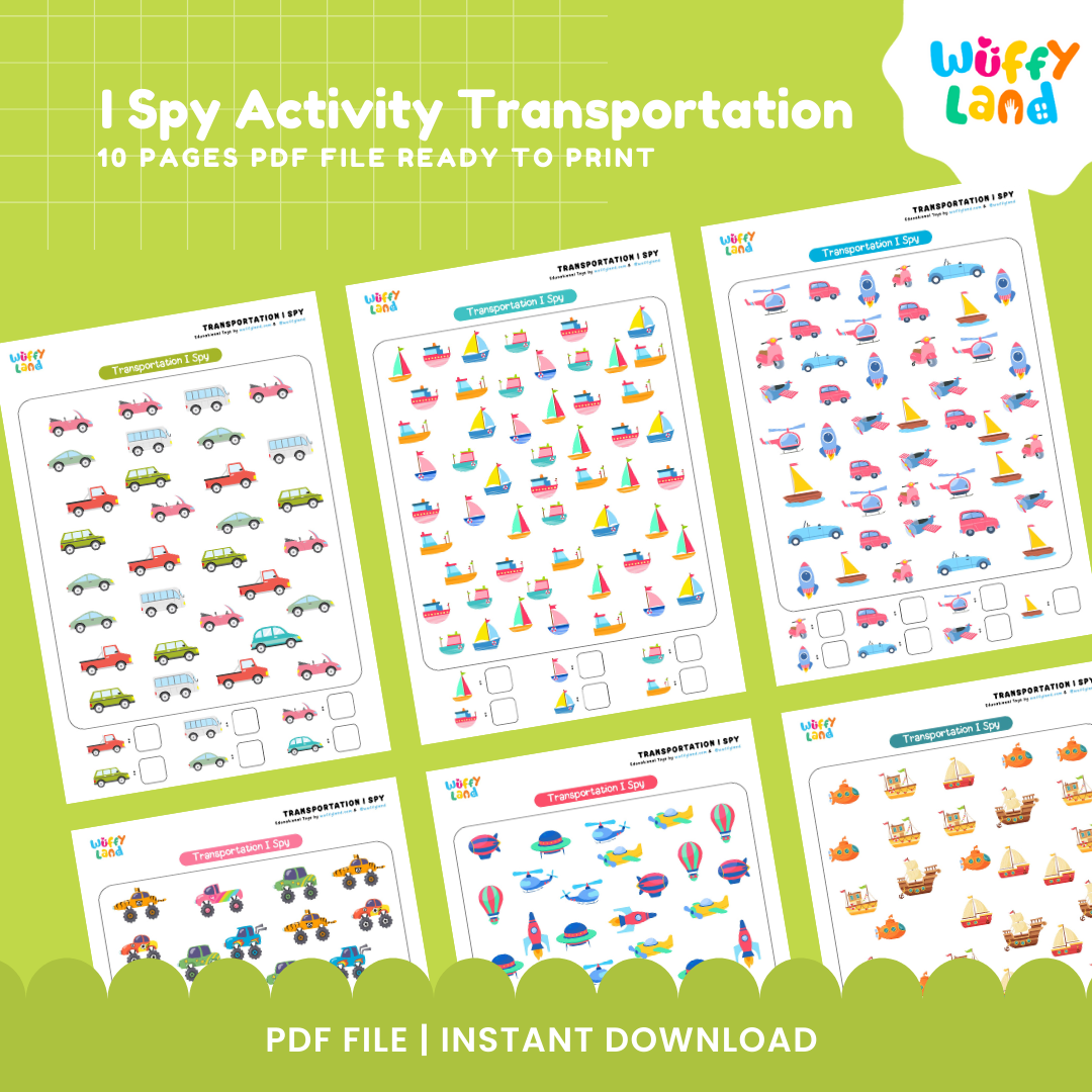Printable seek and find counting worksheets showing construction diggers, dump trucks, airplanes, and hot air balloons 🚜🚁
