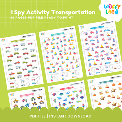 Printable seek and find counting worksheets showing construction diggers, dump trucks, airplanes, and hot air balloons 🚜🚁