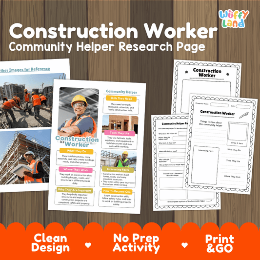 Construction worker community helper research page writing worksheets pack featuring real photos and student activity pages for elementary social studies