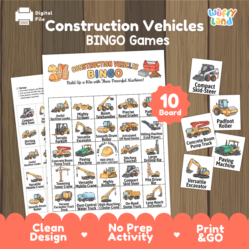 Construction Vehicles BINGO Games Printable Activity