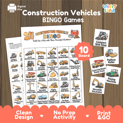 Construction Vehicles BINGO Games Printable Activity