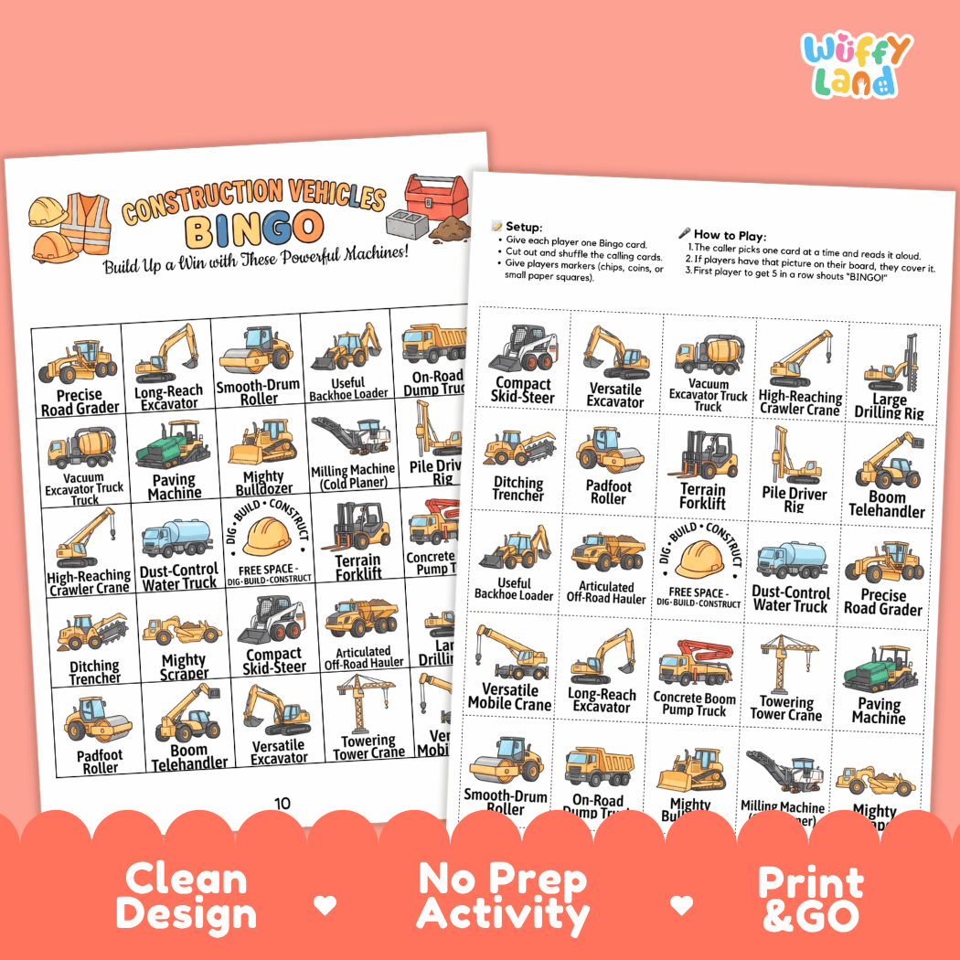 Construction Vehicles BINGO Games Printable Activity