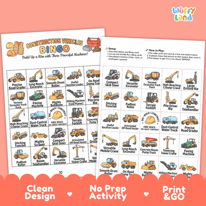 Construction Vehicles BINGO Games Printable Activity