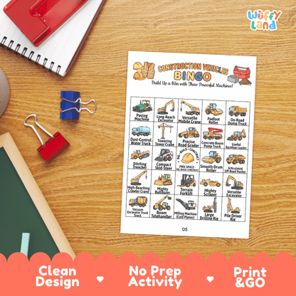 Construction Vehicles BINGO Games Printable Activity