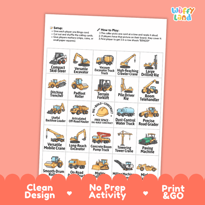 Construction Vehicles BINGO Games Printable Activity