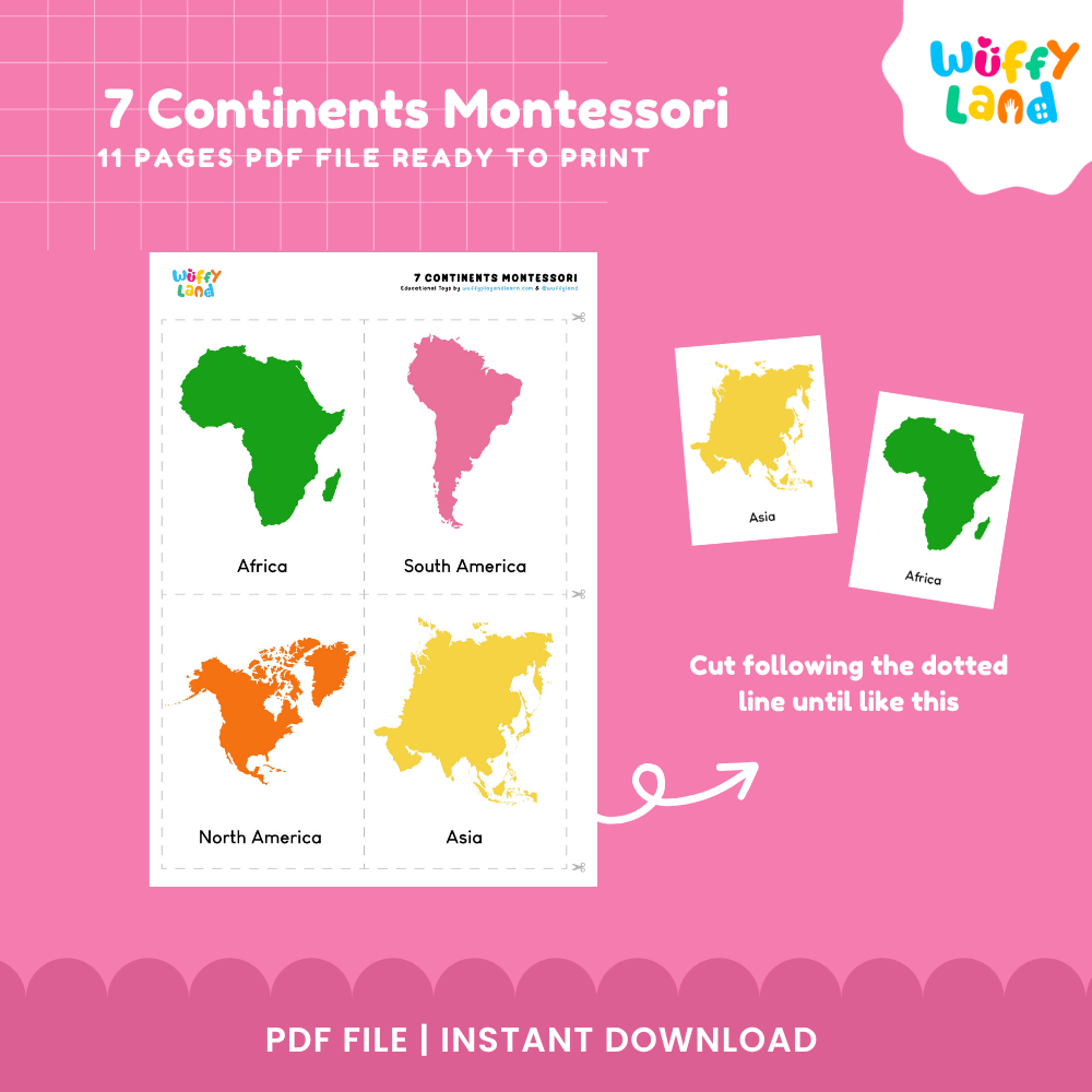 Close-up of Montessori 3-part cards showing South America, Australia, Antarctica, and Africa landmass illustrations
