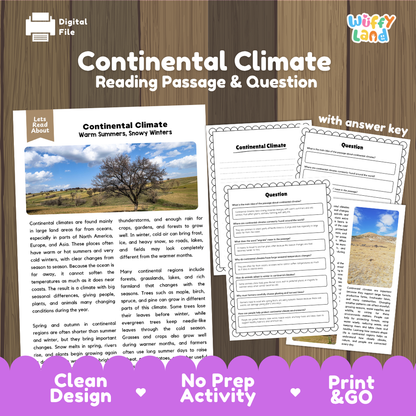 Continental Climate reading comprehension passage and questions printable activity pack with answer key for elementary students