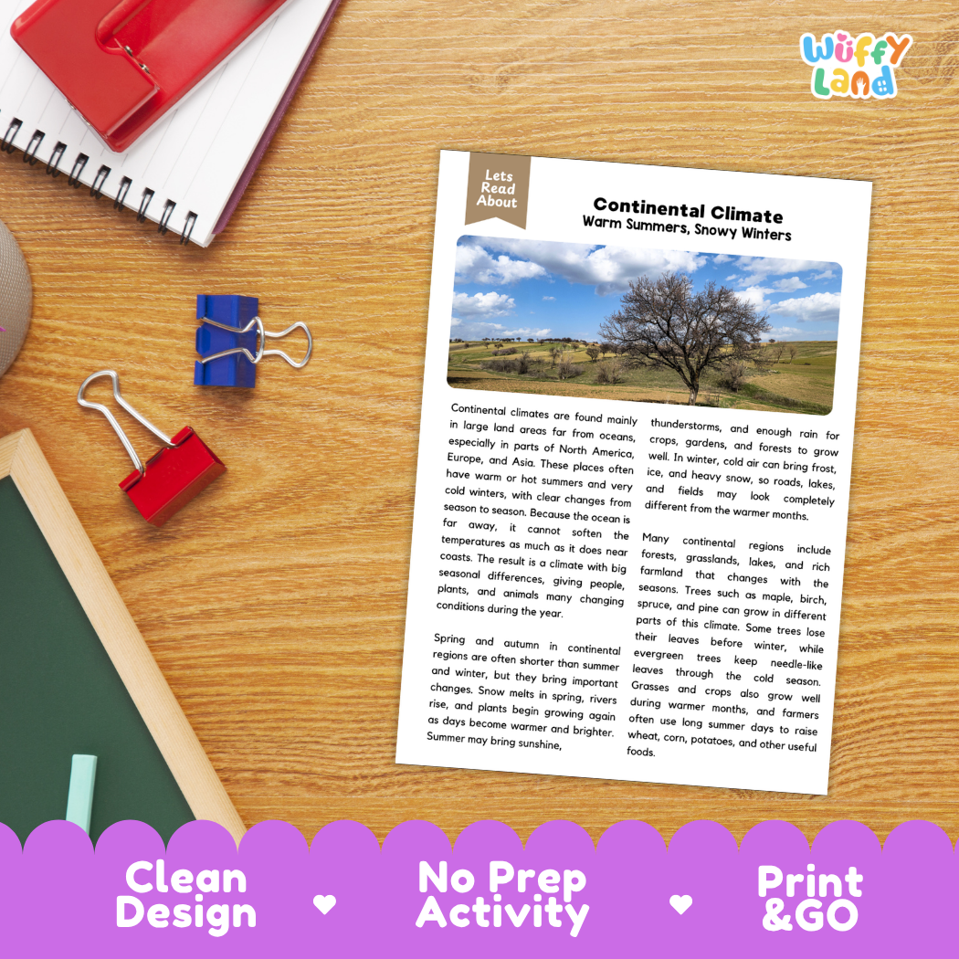 Student reading comprehension worksheet with short-answer questions and lined sections about continental climate zones