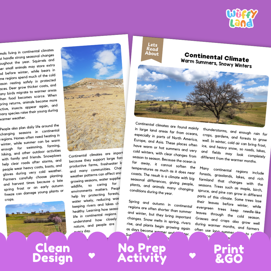 Teacher answer key page showing complete question solutions for Continental Climate Earth science and geography reading comprehension practice