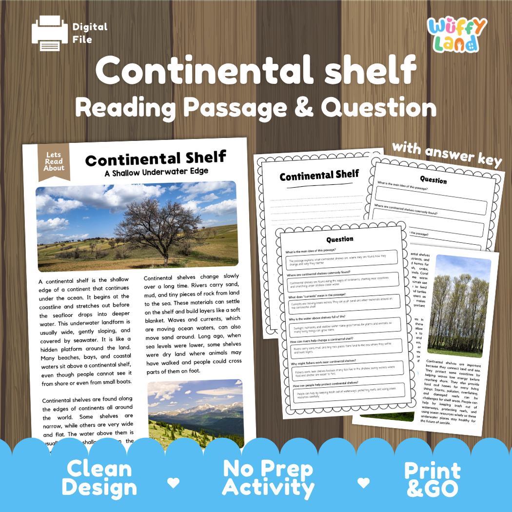 Continental shelf reading comprehension passage and questions printable activity pack with answer key for elementary students
