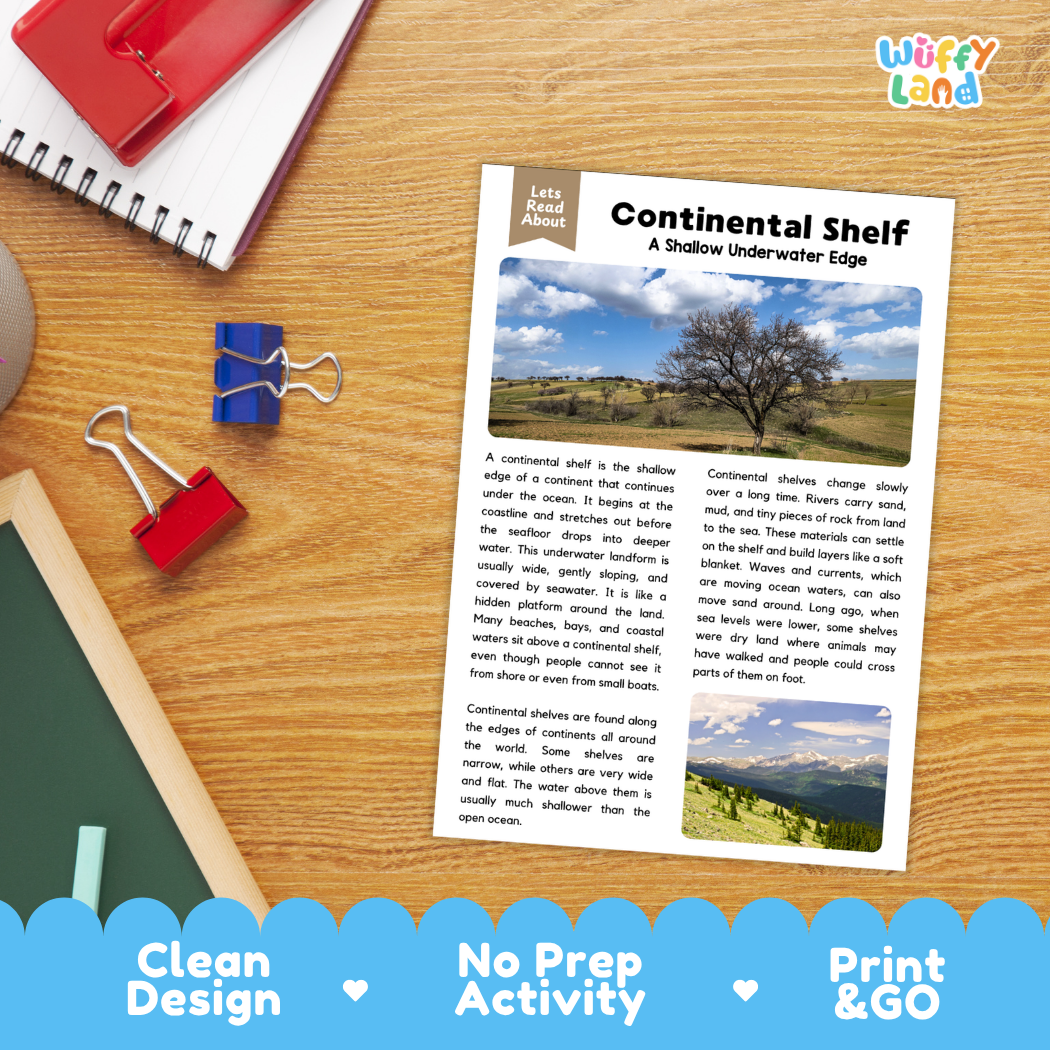 Student reading comprehension worksheet with short-answer questions and handwriting lines about continental shelves