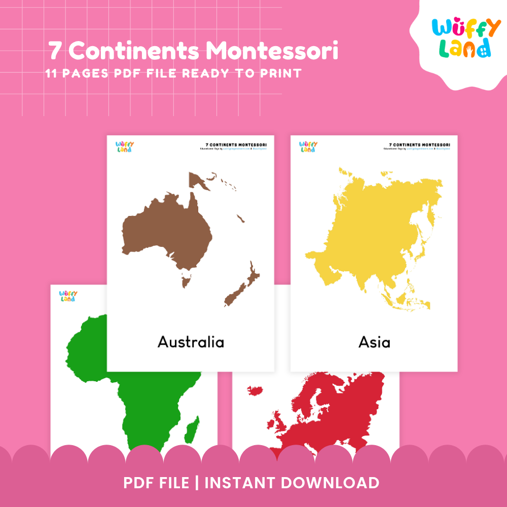 Printable sheets featuring color-coded continental map cards and separate name labels