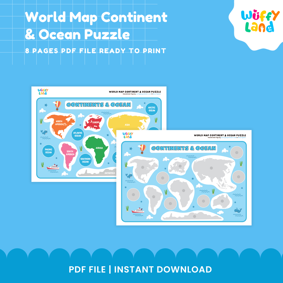 Continents and oceans matching activity for kids featuring a world map, continent shapes and labels for hands-on geography practice