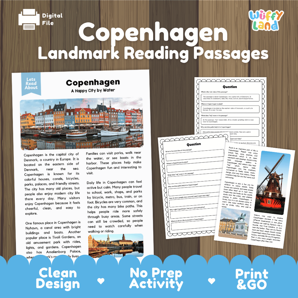 Copenhagen landmark reading passage and comprehension worksheet educational unit featuring nonfiction text and authentic Danish canal town photography