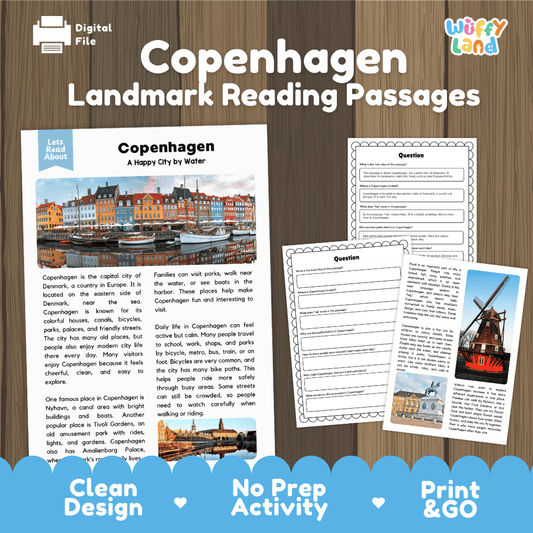 Copenhagen landmark reading passage and comprehension worksheet educational unit featuring nonfiction text and authentic Danish canal town photography